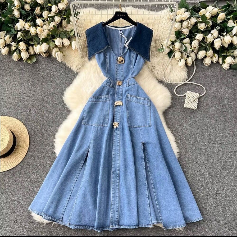 Stylish Blue Denim Dress with Button Details